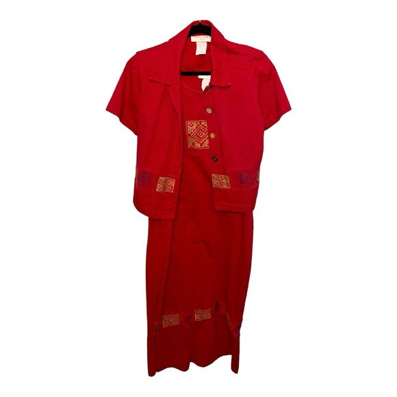 VINTAGE Sweet Jessie Dress Women M RED Maxi Linen Blend Art to Wear Boho Jumper - Picture 1 of 11
